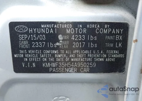 2004 Hyundai Sonata Gls/Lx из США, поврежденный, VIN KMHWF35H54A950259